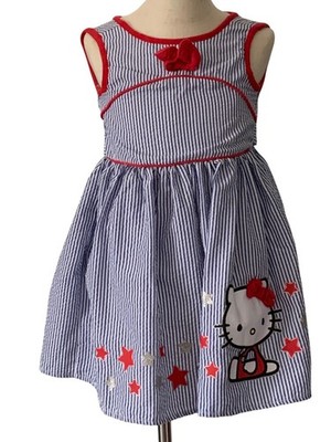 Hello Kitty Girls Sz 4 Sleeveless Dress Bow Star Print Back Buttons & Waist Tie