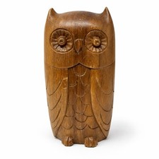 Vintage Hand Carved Wood Owl Figurine Mid Century Modern Rustic Decor 8.5 Inch