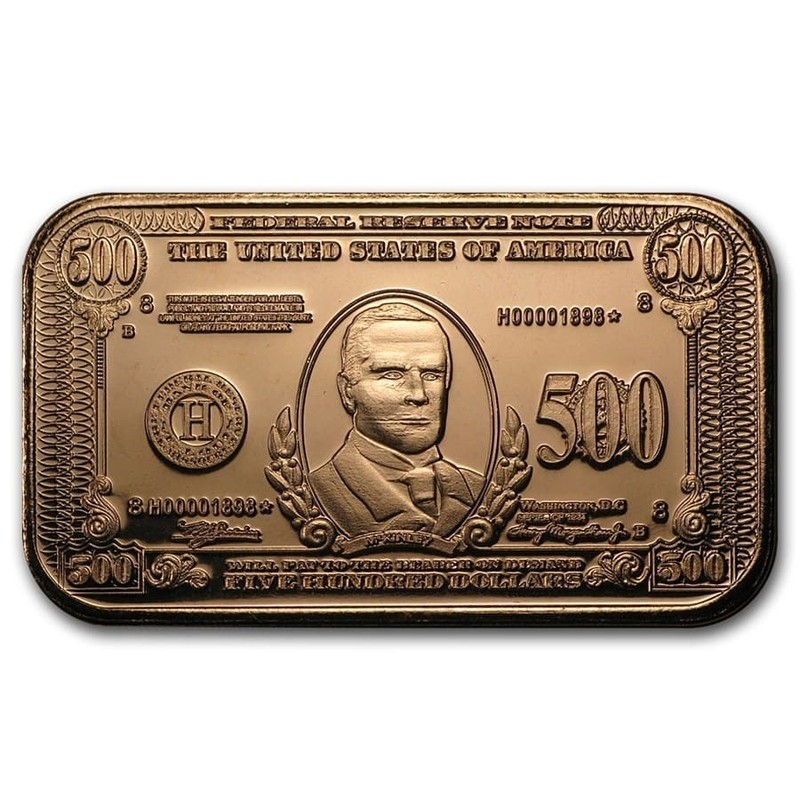 1 Troy Oz. Copper Bar McKinley $500 Banknote Design .999 Fine Pure Bullion Ingot