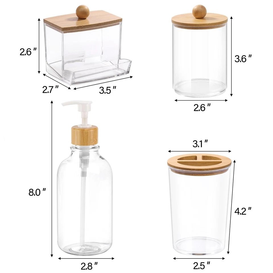 Juego de 4 accesorios de baño de bambú - Soporte para cepillo de dientes transparente jabón de plástico... Foto 3 de 4