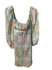 Luxxel Paisley Smocked Mini Dress Peasant Sleeves Square Neckline Back Tie Med
