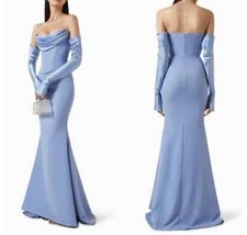 Long Light Blue Evening Dresses Mermaid Strapless Satin Pleated Train Zip Prom