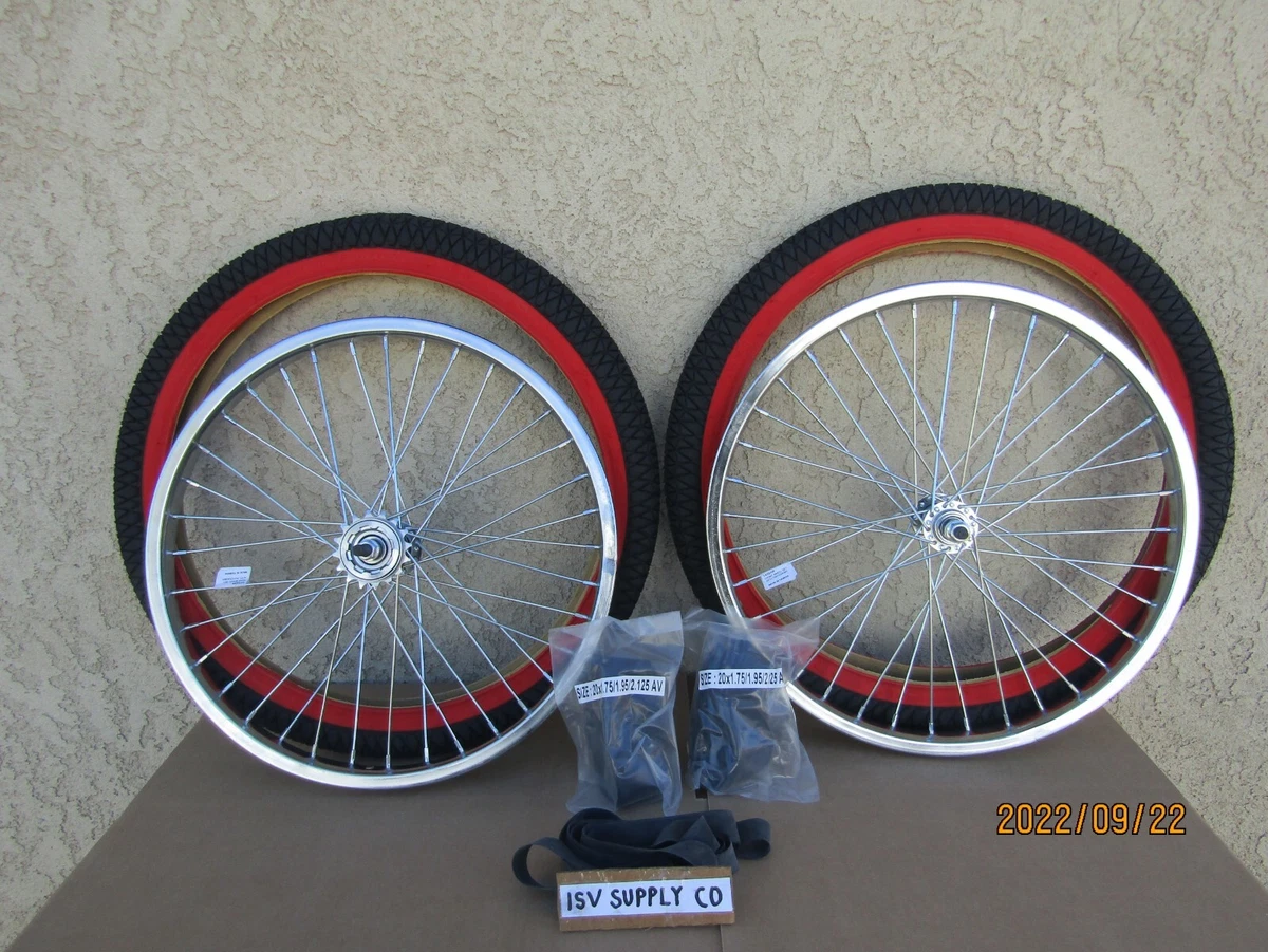 NEW 20'' HEAVY DUTY SPOKES CHROME BICYCLE RIM SET W/ TIRES, TUBES & LINERS.