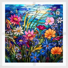 Wildflowers Faux Stained-Glass WINDOW CLING Sun-catcher Size 8" Square Vinyl