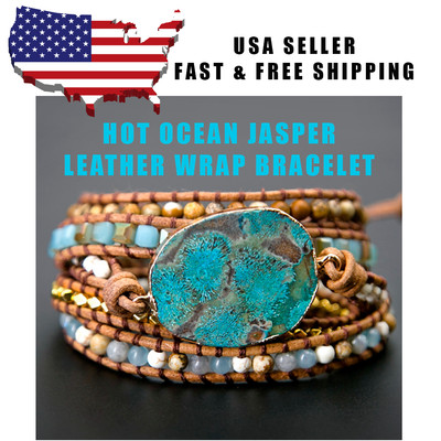 Hot Blue Ocean Jasper Premium Chakra Boho Healing Stone Leather Wrap Bracelet F2