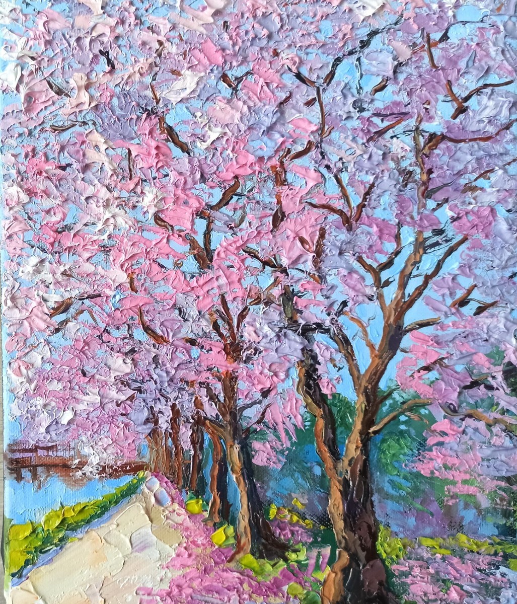 油絵 油彩  絵 絵画【Çherry blossom road】 油絵 油彩 絵 絵画【Çherry blossom road】 Beautiful Cherry