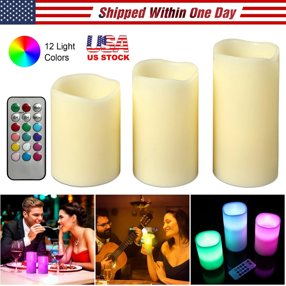 3 velas LED sin llama 4" 5" 6" pilar 12 cambio de color con control remoto Foto 2 de 4