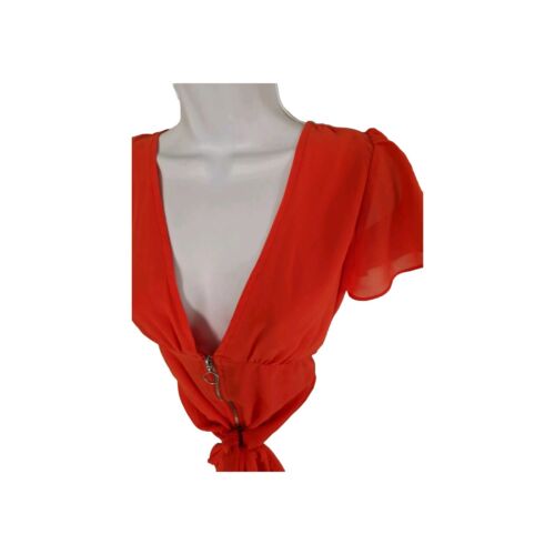 Womens Jane Norman Orange Puff Sleeve Tie Waist Vintage Y2k Chiffon Blouse Top14 - Picture 3 of 11