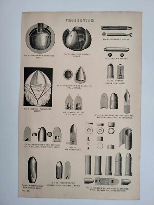 Antiker Druck datiert 1877 Projektil Granat Rakete Kugel Patronenschuss