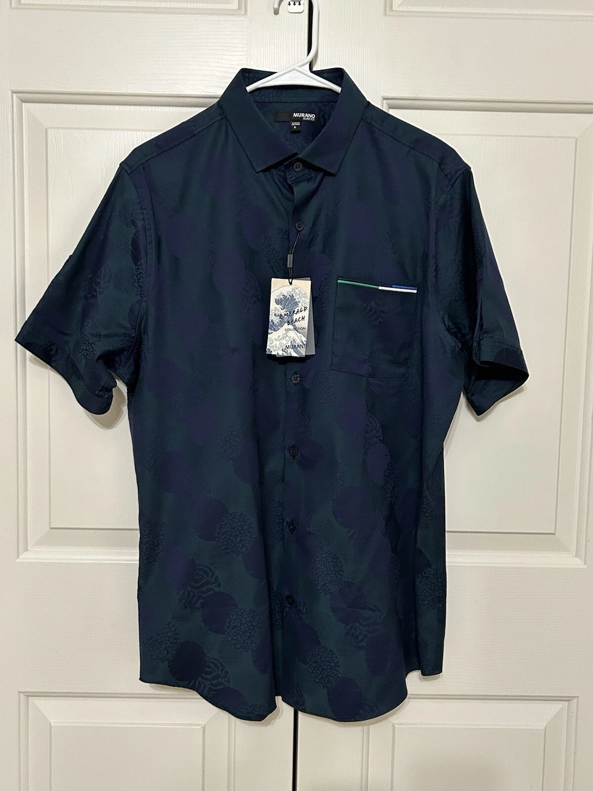 NWT Murano size L slim fit navy green short sleeve button up shirt mens