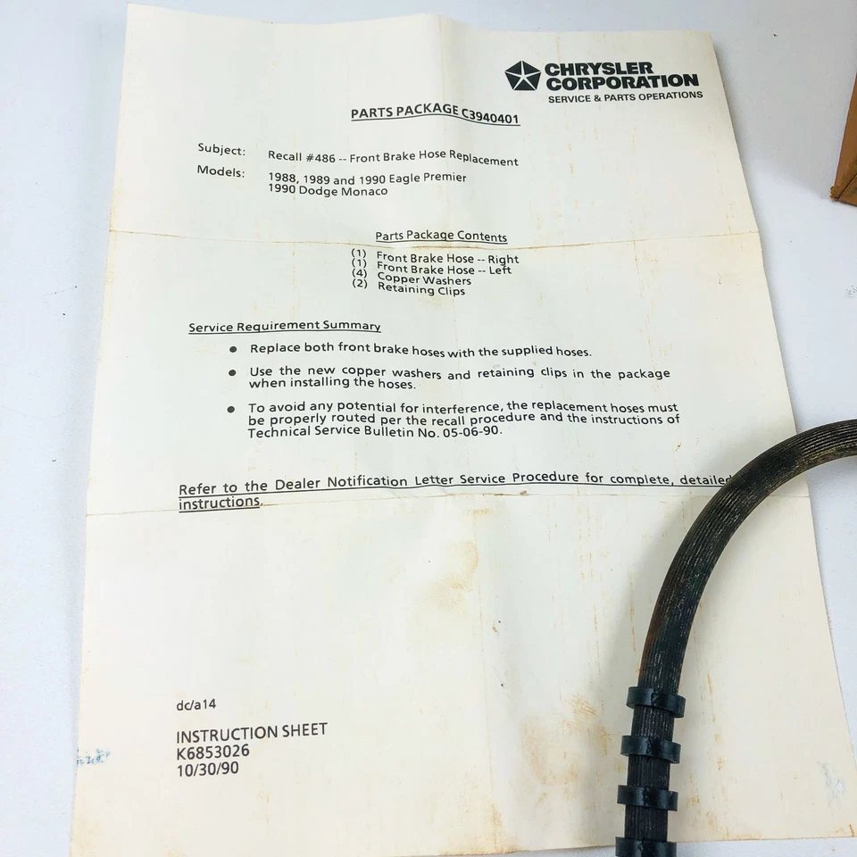 Mopar C3940401 Brake Hose Kit Front 1988-1990 Eagle Premier 1990 Dodge Monaco - Image 4 of 4