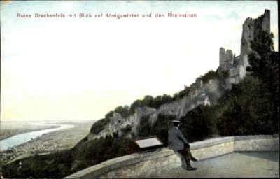 ~1910 Partie a.d. Burg Ruine Drachenfels bei Königswinter Blick Rhein Strom AK - Bild 1 von 2