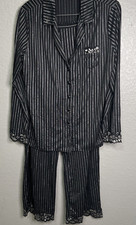 SOMA Intimates 2 Piece Pajama Set L Top Med Pants Black Silver Lace Cuffs Stripe