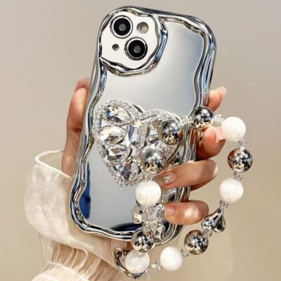 Case For iPhone 16 Pro Max 15 14 13 12 11 XS XR 8 Wavy Heart Holder Phone Cover