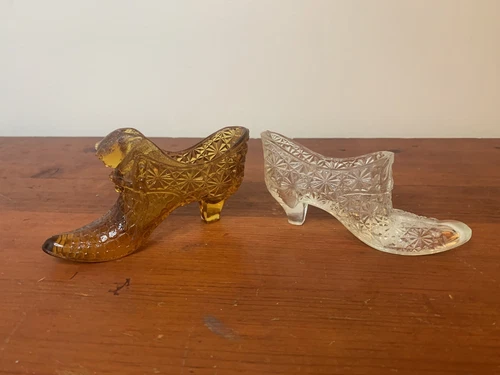 Fenton Glass Shoe Slippers , One Cat Head Amber , One Clear Glass