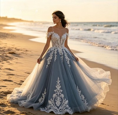 Boho Dusty Blue Wedding Dress Spaghetti Strap Lace Tulle A Line Beach Bride Gown
