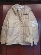 THOM BROWNE Baseball Down Coat Hooded Puffer Coat