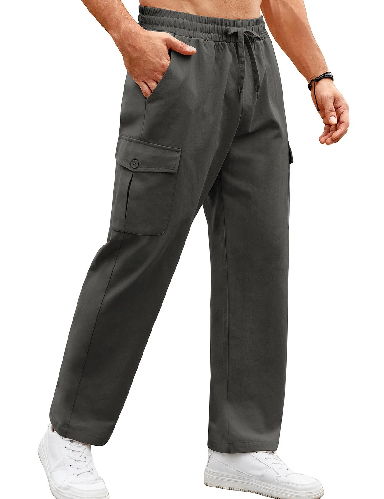 Mens Wide Lightweight Cargo Sweatpants Cotton Drawstring Trousers (Dark Gray,M)