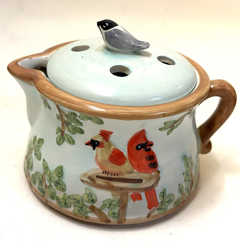 Mud Pie Cardinals & Robin Bird TeaPot Vase - Flower Frog With Four Holes In Lid
