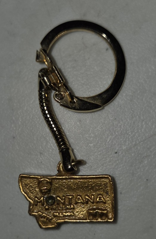 RARE Vintage MONTANA 1x2" Treasure  State Keychain Hangtag Gold-tone metal 