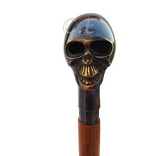 Vintage Antique Skull Head Brass Handle Walking Cane Wooden Stick Style Gift