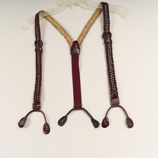 Vintage Brown Leather Braided Suspenders Button On Style Adjustable USA
