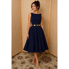 IEENA for Mac Duggal Sz 2 Midi Navy Blue Fit Flare Dress Gold Belt  Cocktail