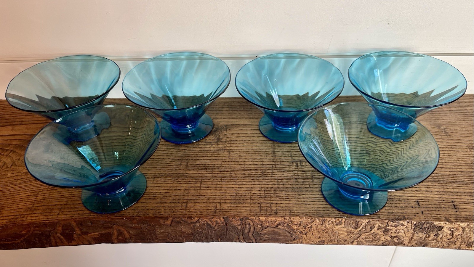 Steuben-Six Carder Era Shape #5154 Celeste Blue Optic Rib Sherbet Bowls-Signed