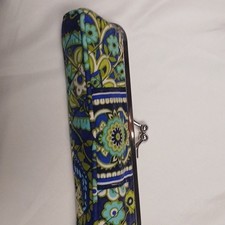 Blue Green Floral Cloth Clamshell Eyeglass Case Flip Top Metal