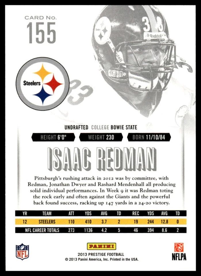 2013 Panini Prestige #155 Isaac Redman [GOATCARDS] - Image 2 of 2