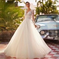  A-Line V-Neck Lace Applique Wedding Dresses Bridal Gowns with Detachable Sleeve