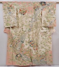 6210T04z860 Vintage Japanese Kimono Silk HOUMONGI Chrysanthemum Off-white