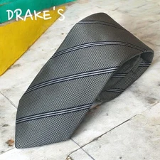Unused Drakes Silver regimental Stripe Navy Tie Necktie Silk 100% From Japan