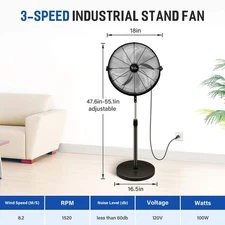 18" Pedestal Standing Fan - Metal, Adjustable Height & High Velocity