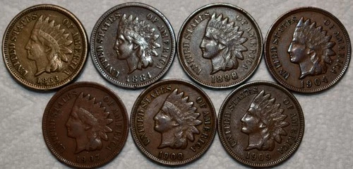 7x XF Indian Head Cent, 1863, 1884, 1898, 1904, 1907, 1908, and 1909