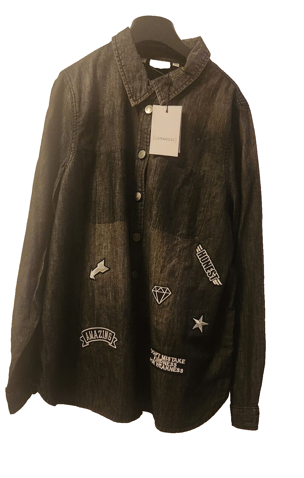 Distressed Embroidered Denim Shirt Tunic by JUNAROSE $99-image