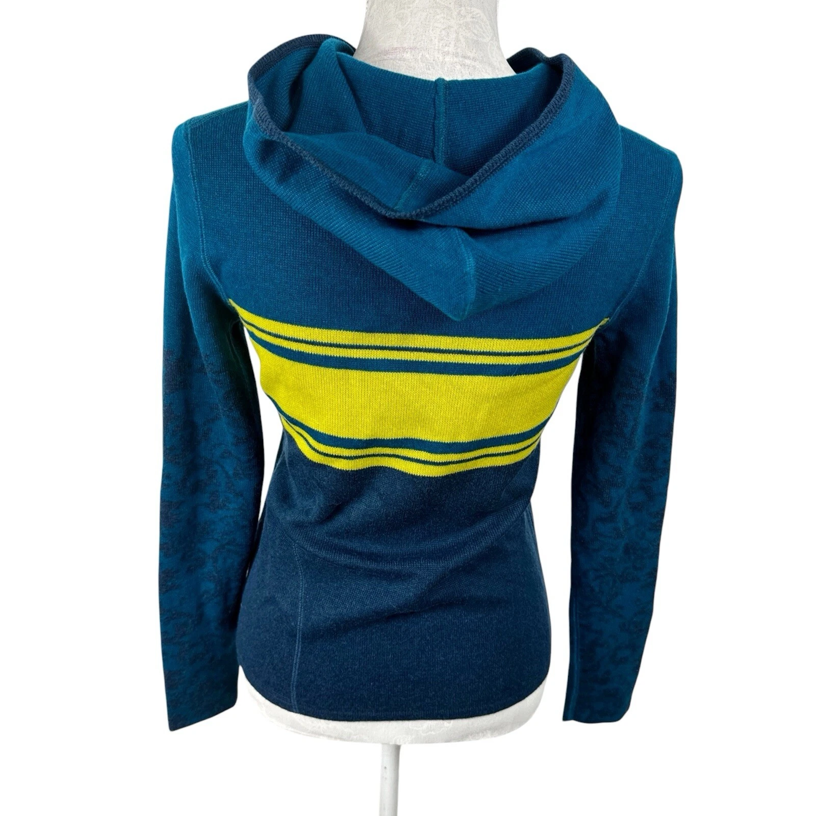 VETEMENTS Title Nine maglione donna XS misto lana con cappuccio zip blu giallo manica a contrasto