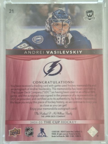 21/22 Upper Deck The Cup RED Andrei Vasilevskiy TAG Autograph #d/4 - Bild 2 von 2