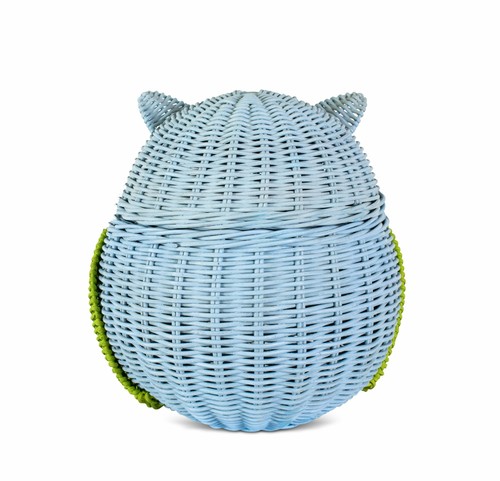Rattan Owl Hoot Storage Basket Storage Blue Hand Woven Organizer Wicker Decor - Picture 5 of 6