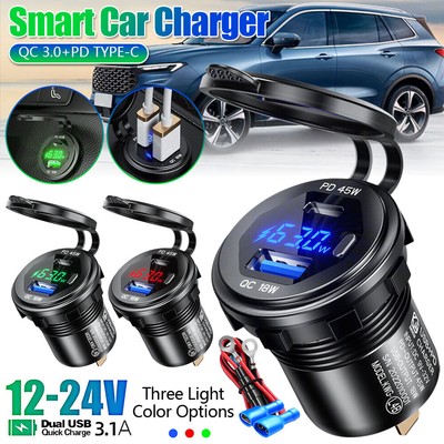 12-24V Dual USB Quick Charge QC3.0 & PD Port Car Charger Socket with Voltmeter