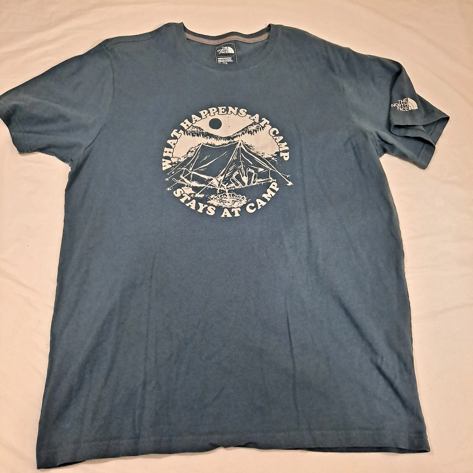 Vintage The North Face Men's XL Spell Out What Happens At Camp Stays T-Shirt