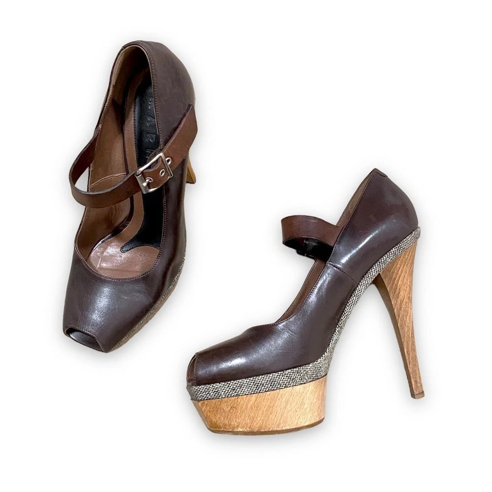 MARNI Scarpa Mary Jane Tweed Wooden Leather Open Toe Pumps Heels Size 8