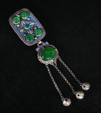 6.7''Old China Silver Cloisonne Inlay Green Gems Belt Buckle Statue Sculpture