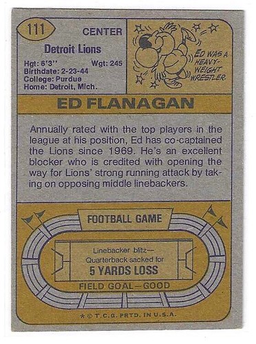 1974 TOPPS FOOTBALL ED FLANAGAN #111 DETROIT LIONS LOW GRADE - Bild 2 von 2