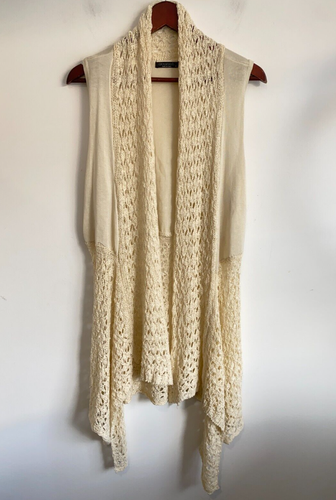 Crossroads Cardigan Womens XL Beige Crochet Asymmetrical Hem Sleeveless Open