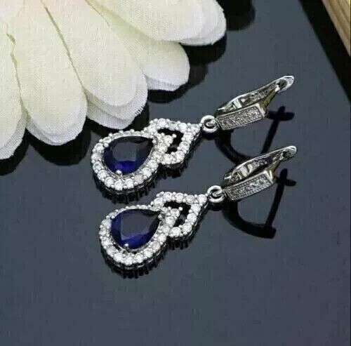 2.30Ct Pear Cut Simulated Blue Sapphire Halo Drop Earring 14K White Gold Plated