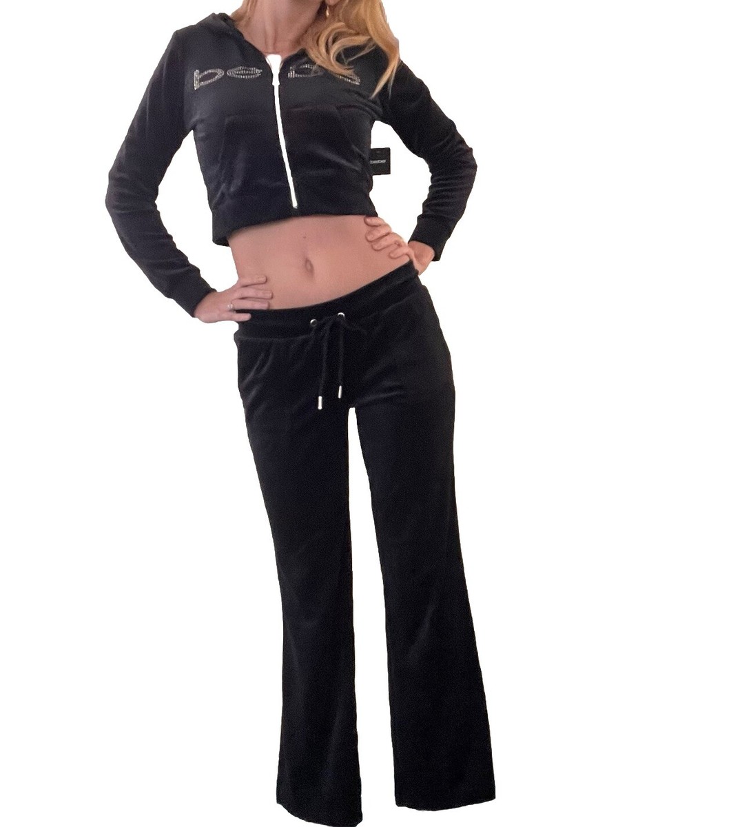 NEW y2k BEBE Bling Logo Velour Rhinestone Tracksuit Hoodie