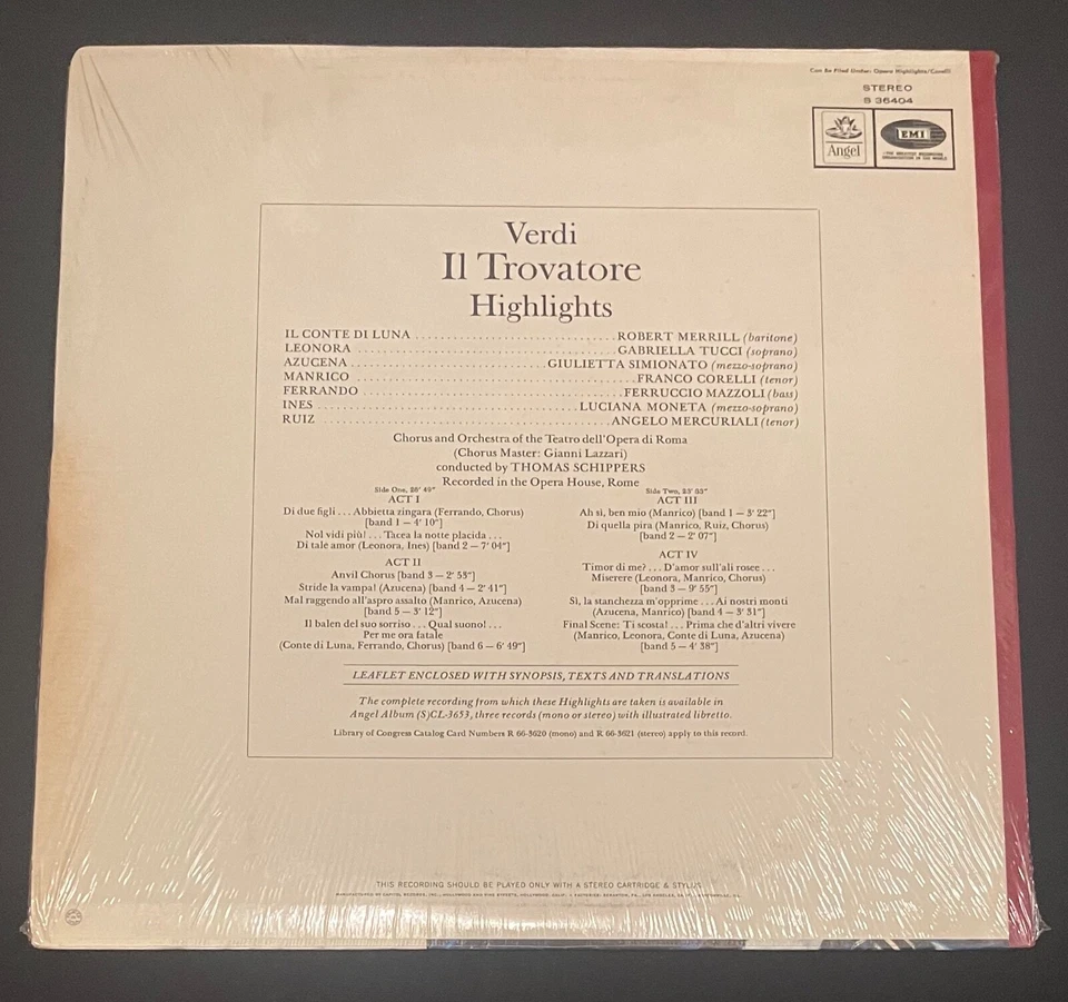 sealed VERDI IL TROVATORE Highlights Franco Corelli etc 1966 Angel S36404 - Image 2 of 3
