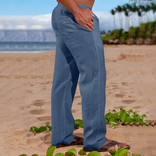 Men's Cotton Casual Lightweight Hemp Drawstring Solid Color Beach Trousers Pants - Bild 36 von 41