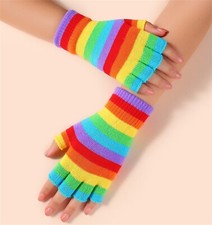 Women Men Adult Warm Knit Colorful Rainbow Half Fingerless SHORT Gloves Mittens